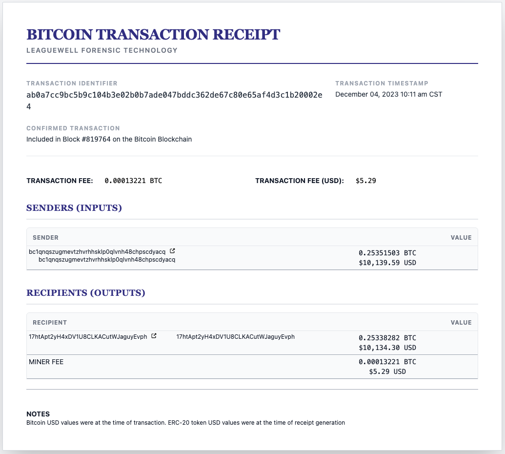 Sample Bitcoin Transaction Receipt